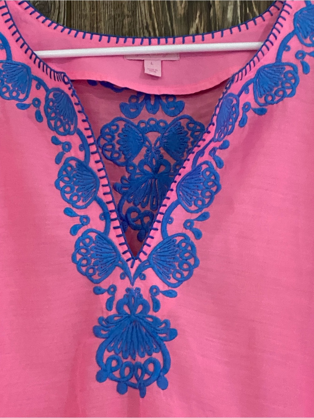 Lilly Pulitzer Pink Tunic with Blue Embroidered Neckline - Picture 2 of 6